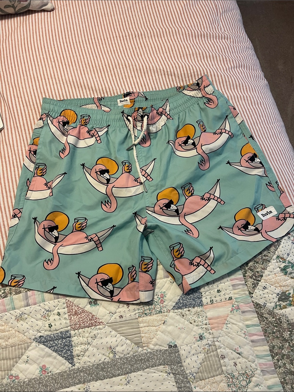Brielle Mint Flamingo Print Men’s Swim Trunks
